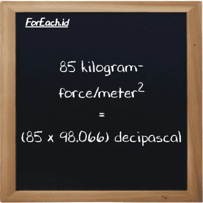 How to convert kilogram-force/meter<sup>2</sup> to decipascal: 85 kilogram-force/meter<sup>2</sup> (kgf/m<sup>2</sup>) is equivalent to 85 times 98.066 decipascal (dPa)